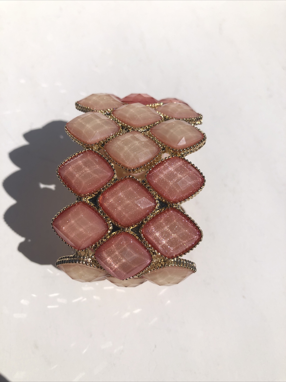 Pink Stone Stretch Cuff Bracelet Gold Tone Statement Piece Costume Jewelry