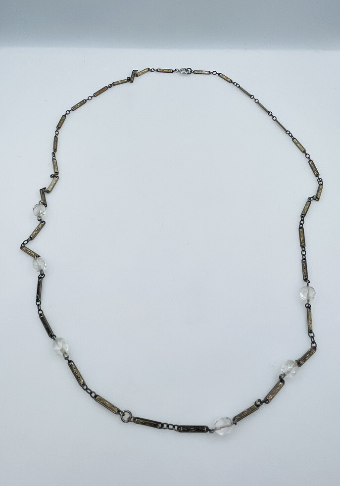 Antique Sterling Silver Ornate Bar Link Glass Bead Station Chain Necklace