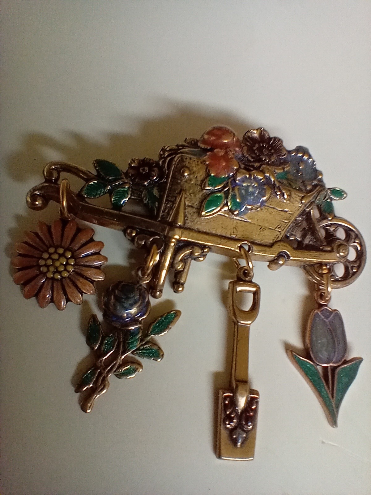 Gardener Brooch Gold-Toned Wheelbarrow Floral Pin with 4 Charms Gift Vintage