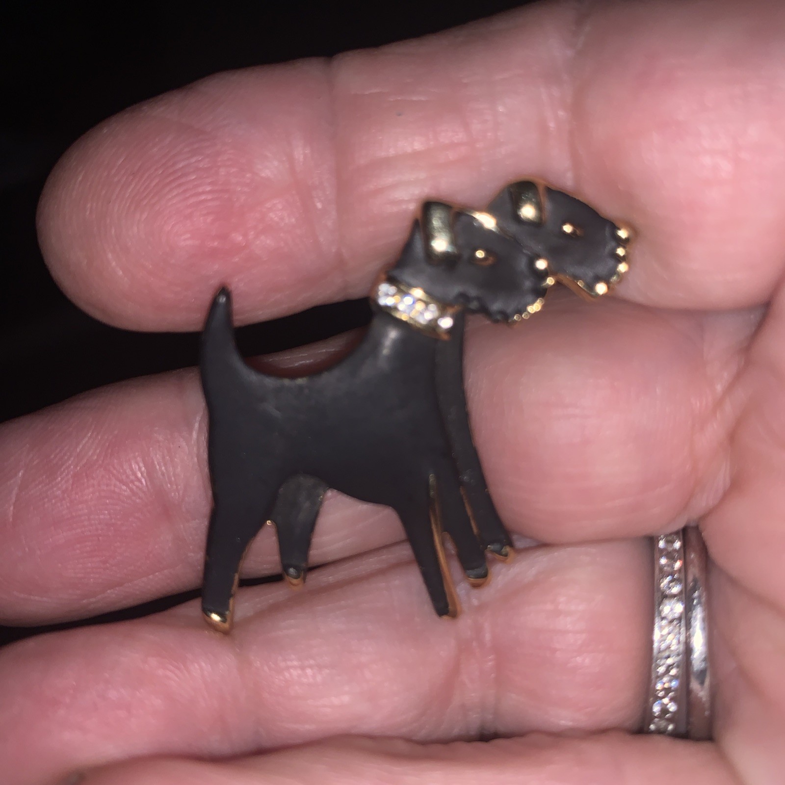 Vtg Giovanni Airedale Terrier Brooch Pin Black Gold Enamel Rhinestones Collar
