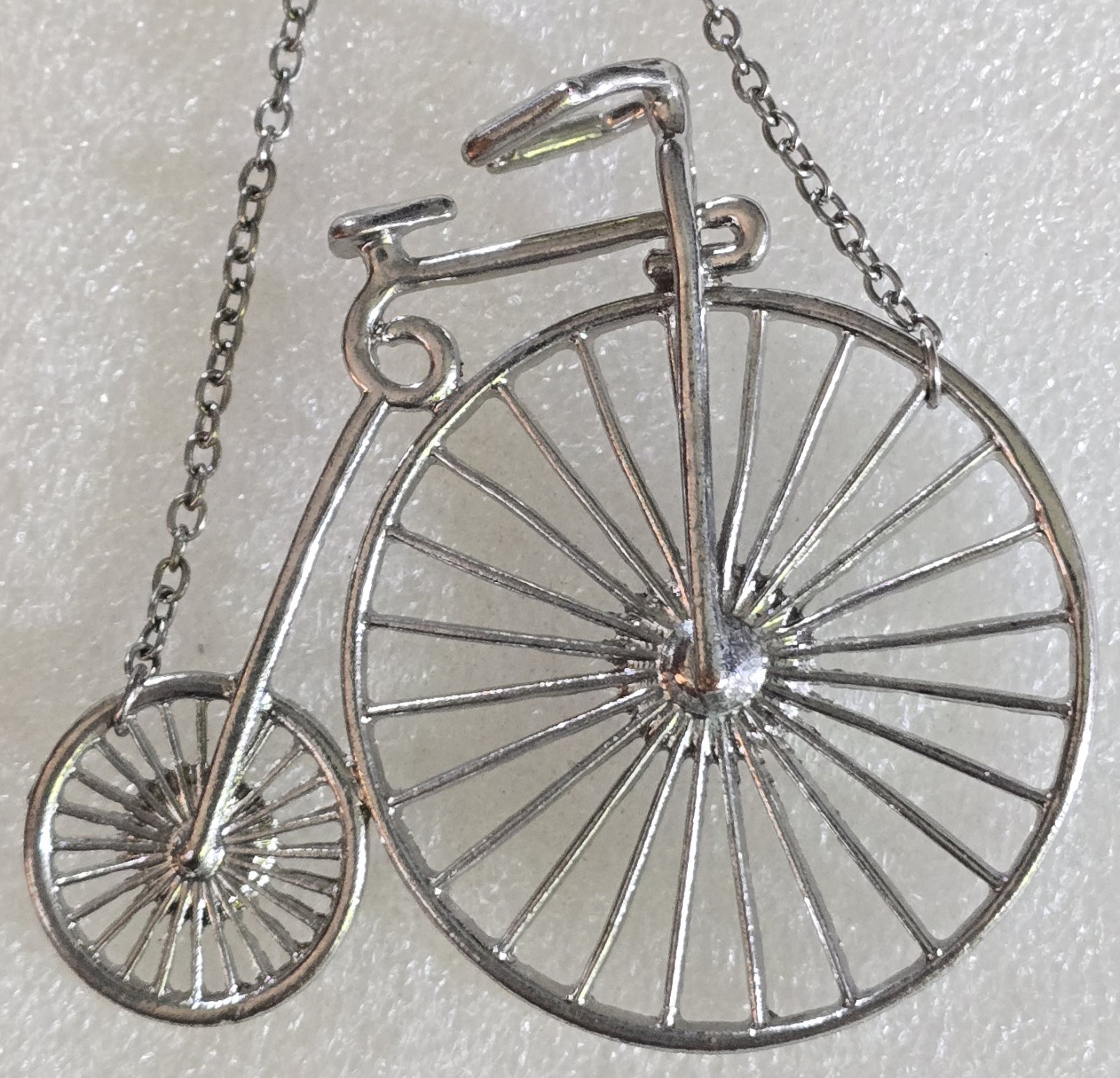 Vintage Old Fashioned Velocipede Bicycle Bike Silver Tone Pendant Necklace