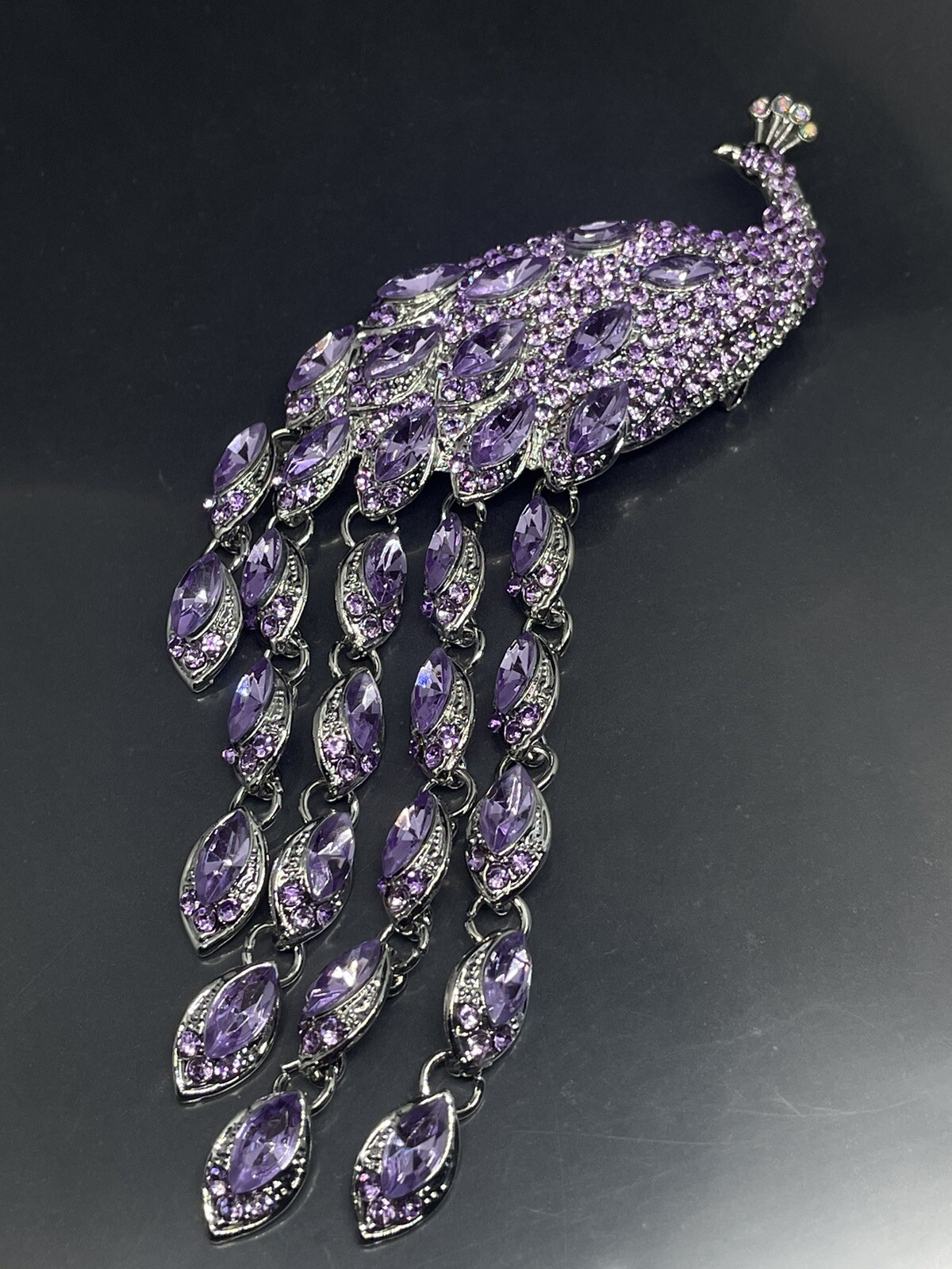 Vintage Peacock SilverTone Purple Rhinestones Crystals 5.5” Pendant Pin Brooch