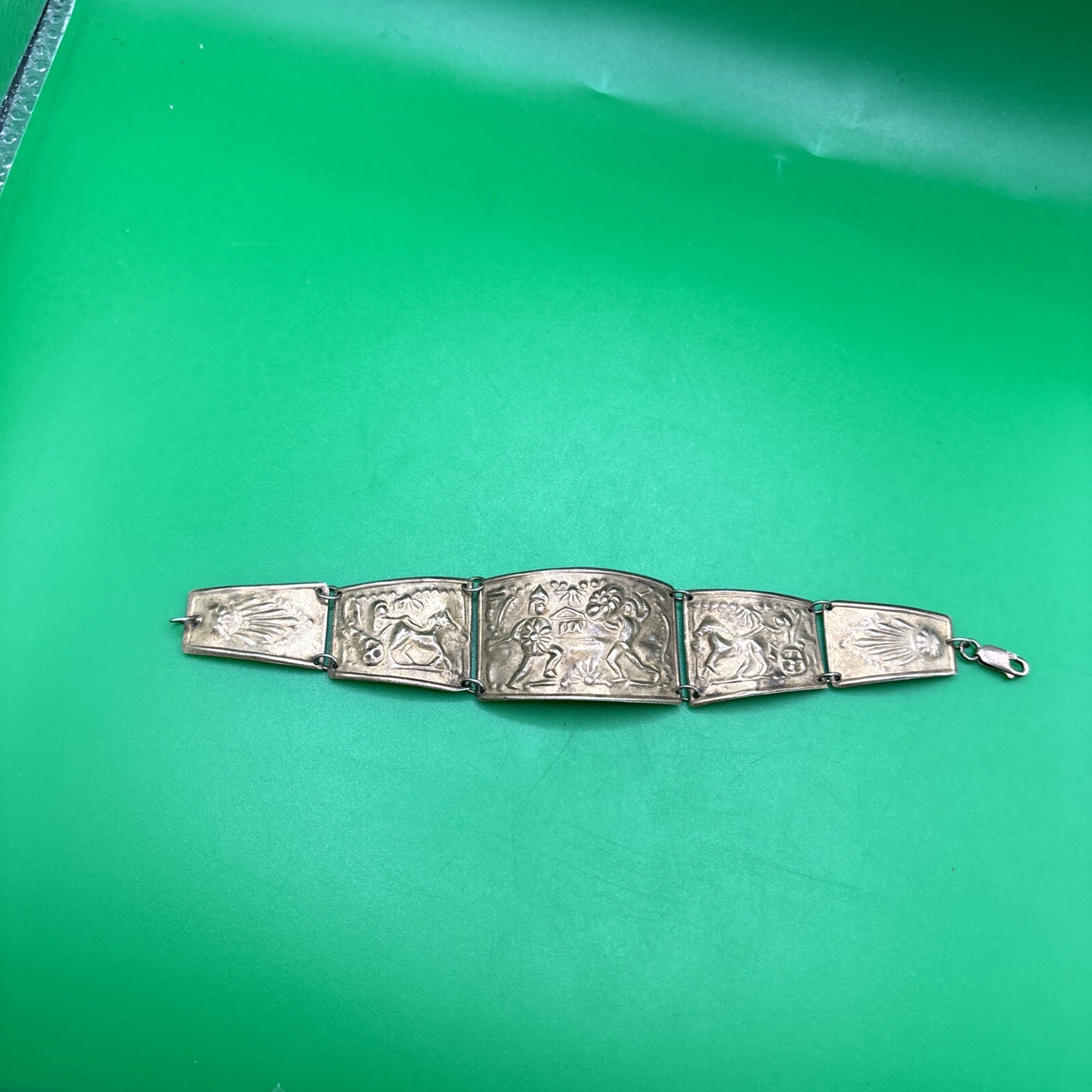 Vintage Signed 1175 AR 925 Gold Wash Sterling Panel Battle Scene Bracelet