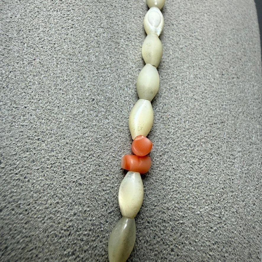 Vintage Mother of Pearl and Coral Bead Necklace 23″ Statement Summer Dainty