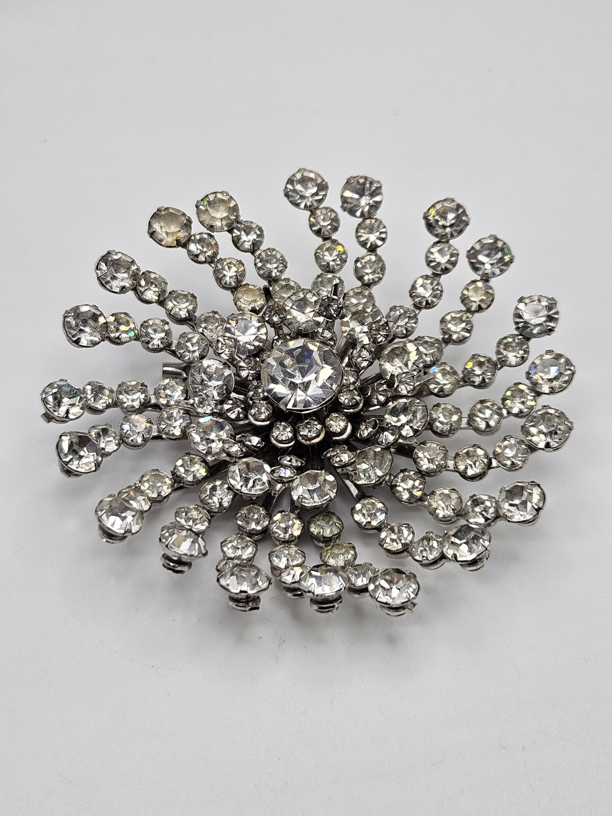 Vintage Clear Glass Rhinestone Pinwheel Large Brooch Pin