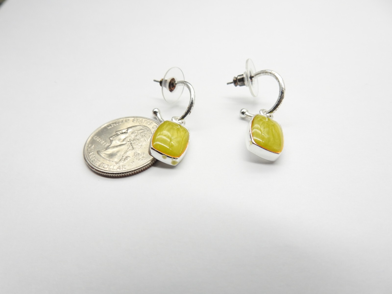 Signed KC Lime Green Swirled Enamel Silver Tone Hoop Pierced Earrings Vintage