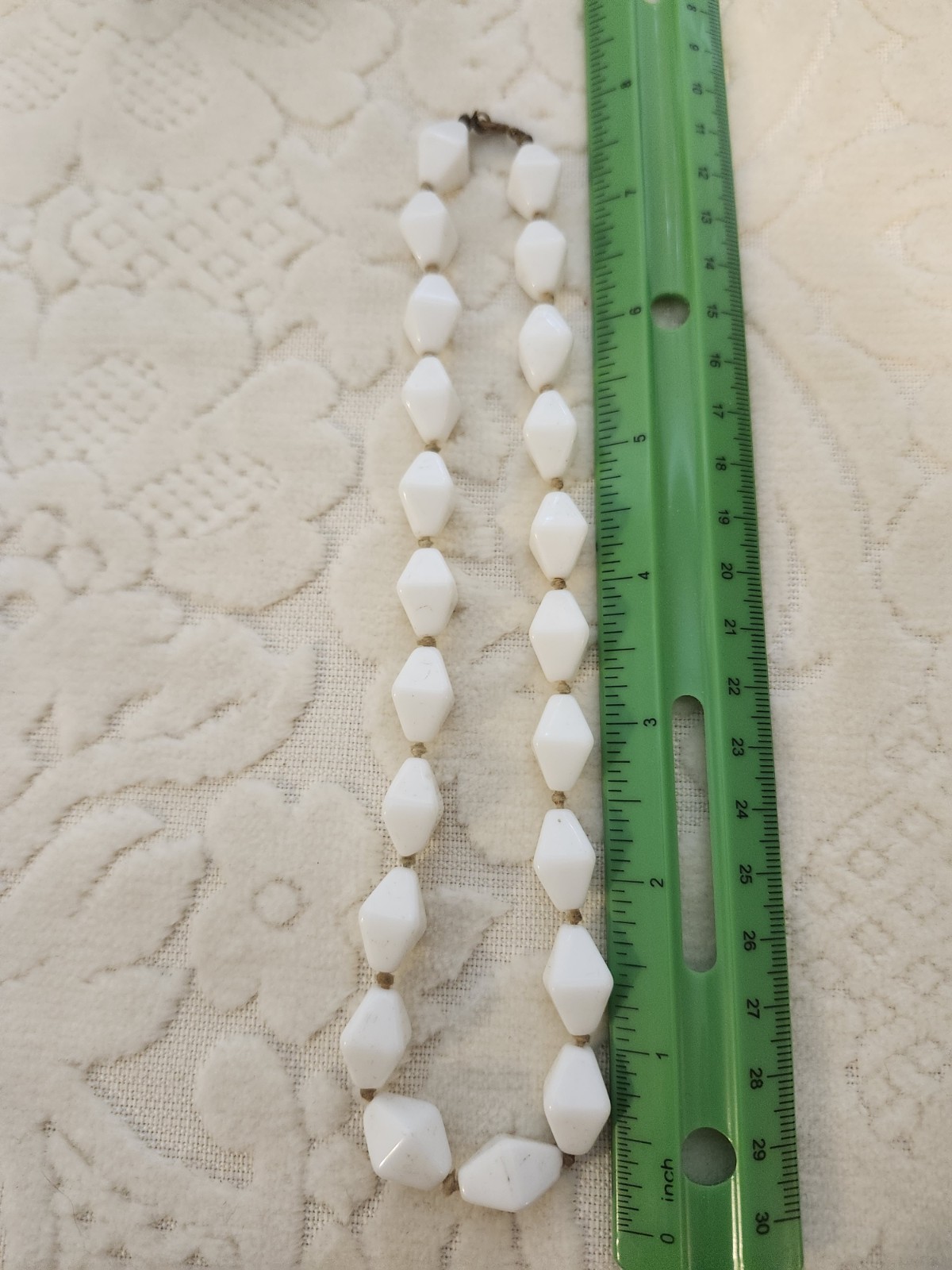 Vintage necklace, white tone, milk glass bicone beads 16″