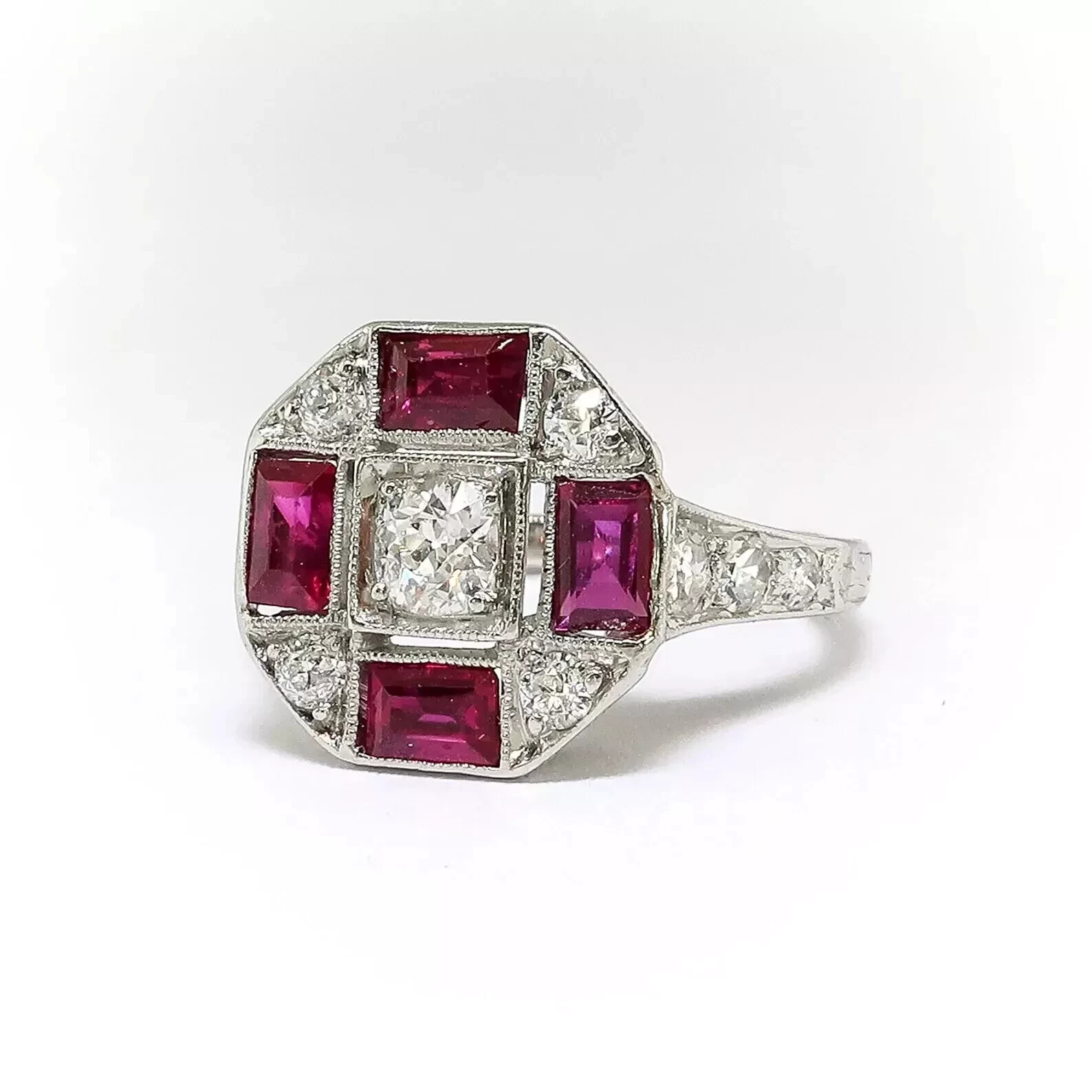 1.2Ct Round Lab CreatedDiamond & Ruby Art Deco Style Engagement Ring 925 Silver
