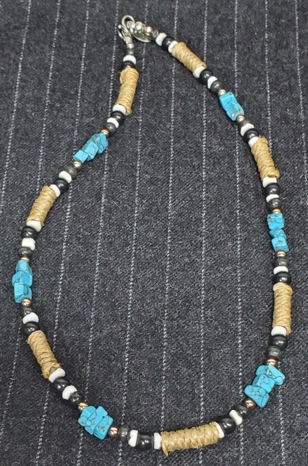 Vtg Panama Jack Southwest Hemp, Turquoise, Black & White Beads Necklace