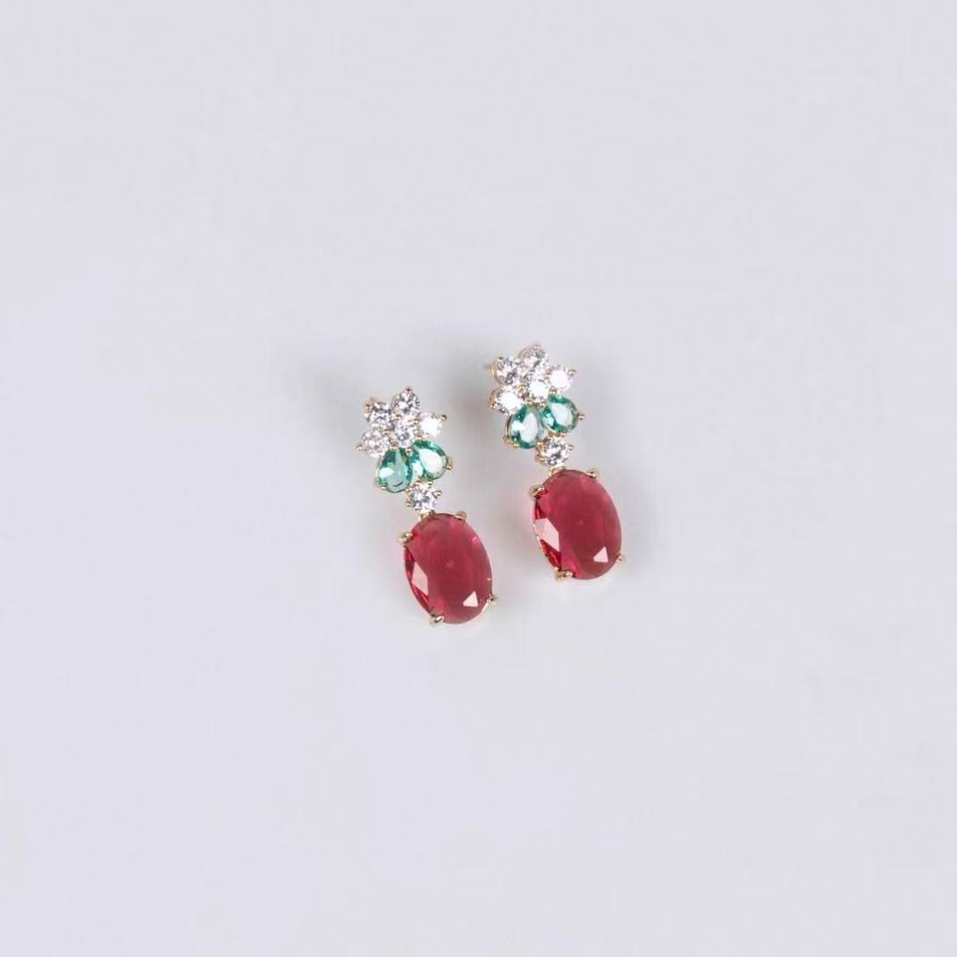 Vintage Ruby & Emerald Crystal Necklace Earrings Set Gold Tone Estate