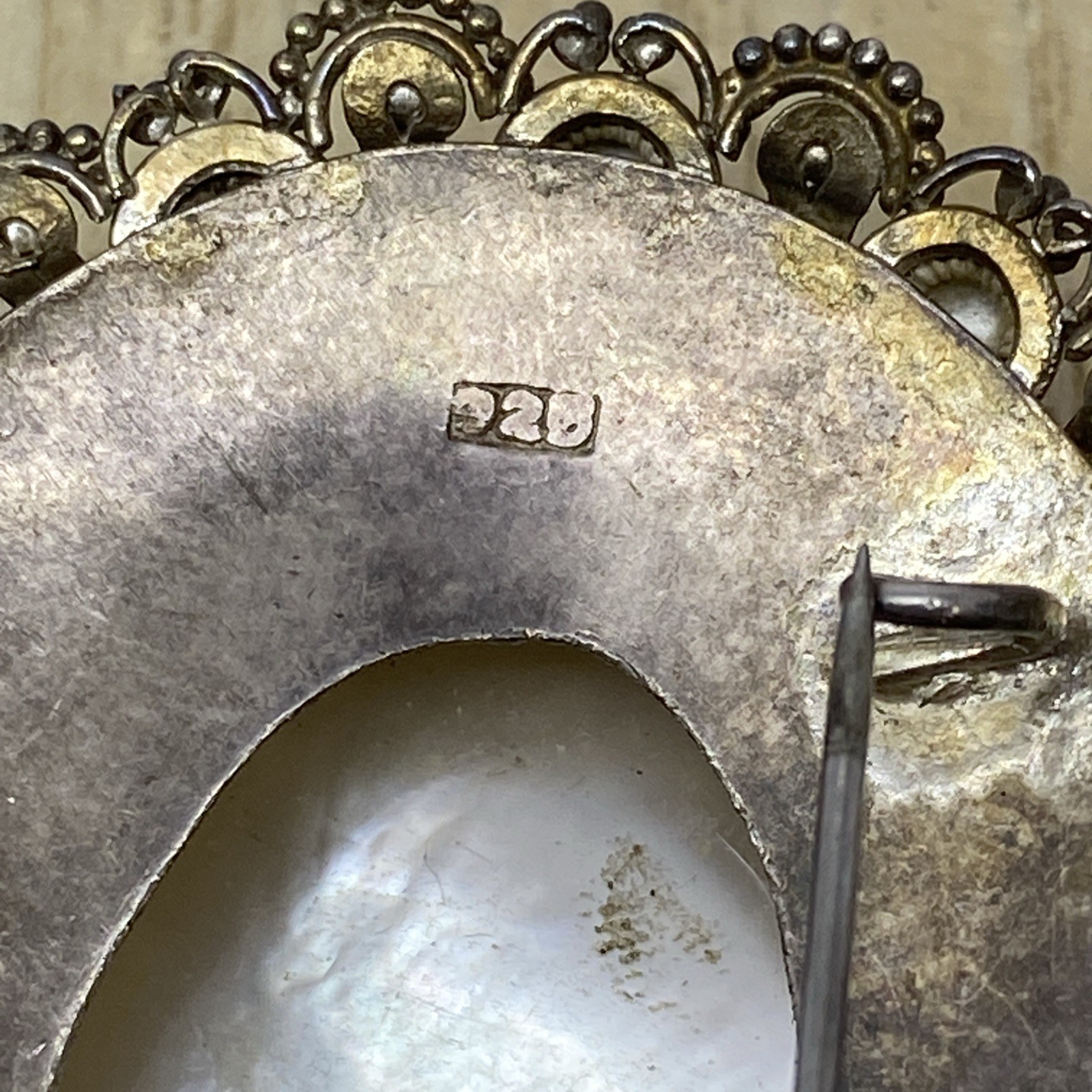 Large Mother Of Pearl Brooch Set In Sterling And Gold Filled Accents