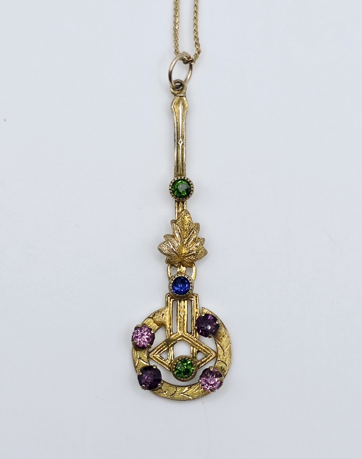 Antique Edwardian Suffragette Lavalier Pendant Necklace 14K Gold Filled Chain