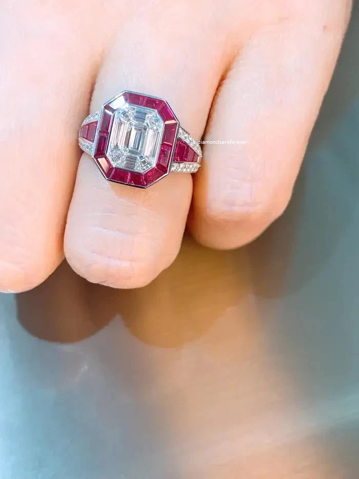 Art Deco Style 4Ct Emerald Moissanite Halo Ruby Wedding 14K White Gold Finish
