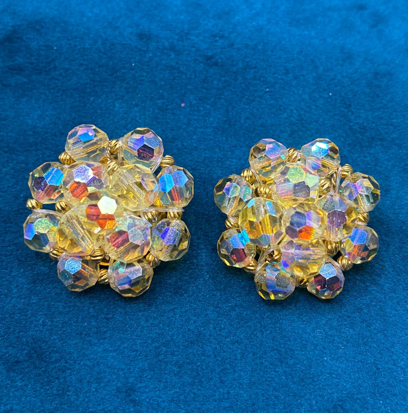VTG Gold Tone Earring Lot 7 Clip On Zentall Bergere Unmarked AB Rhinestone READ