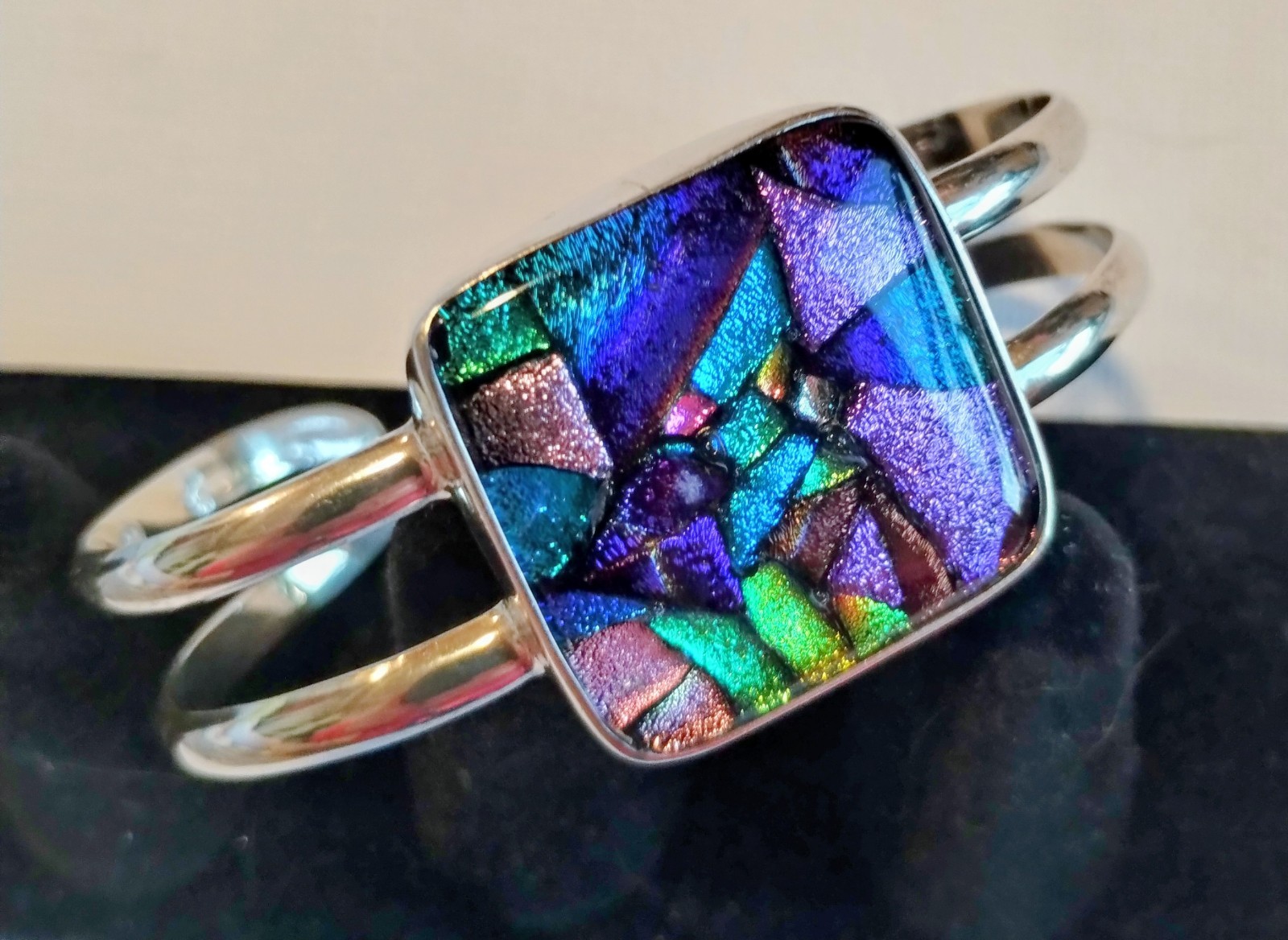 Handmade Small Purple Blue Dichroic Glass Sterling Silver Cuff Bracelet 6.5in