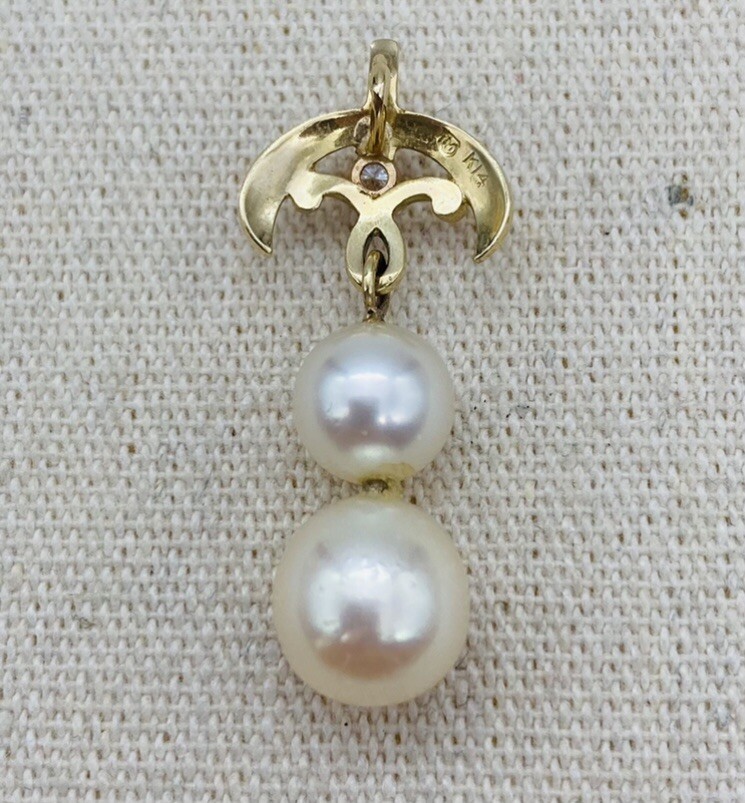 14k Gold ~ MIKIMOTO 2 PEARL & DIAMOND PENDANT ~ Hallmarked