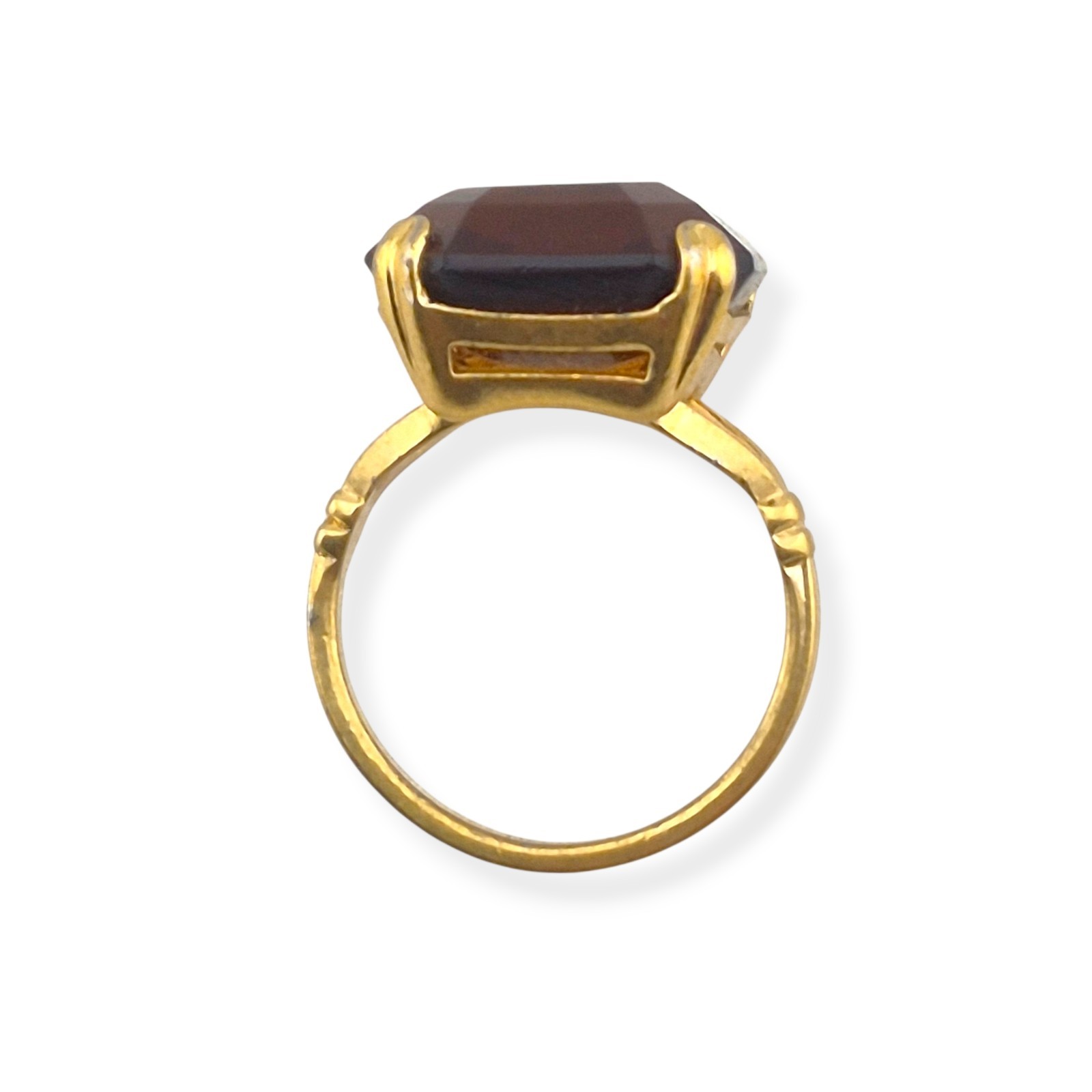 Vintage 1978 Avon Smoky Lustre Ring Emerald Cut Faux Topaz Glass Gold Tone Sz 7