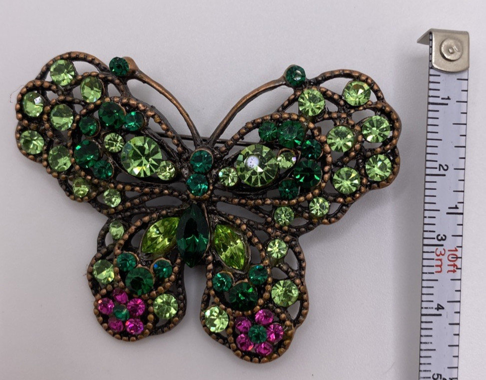 Butterfly Brooch Pin With Green and Pink Rhinestones Vintage