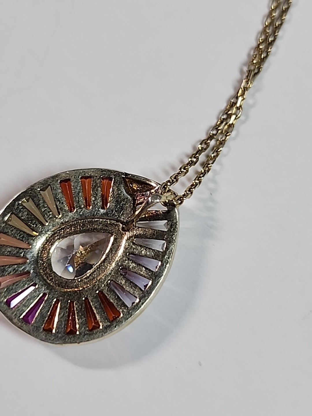 Rainbow Cluster Stones Teardrop Pendant Gold Over .925 Silver 17.5″ Necklace