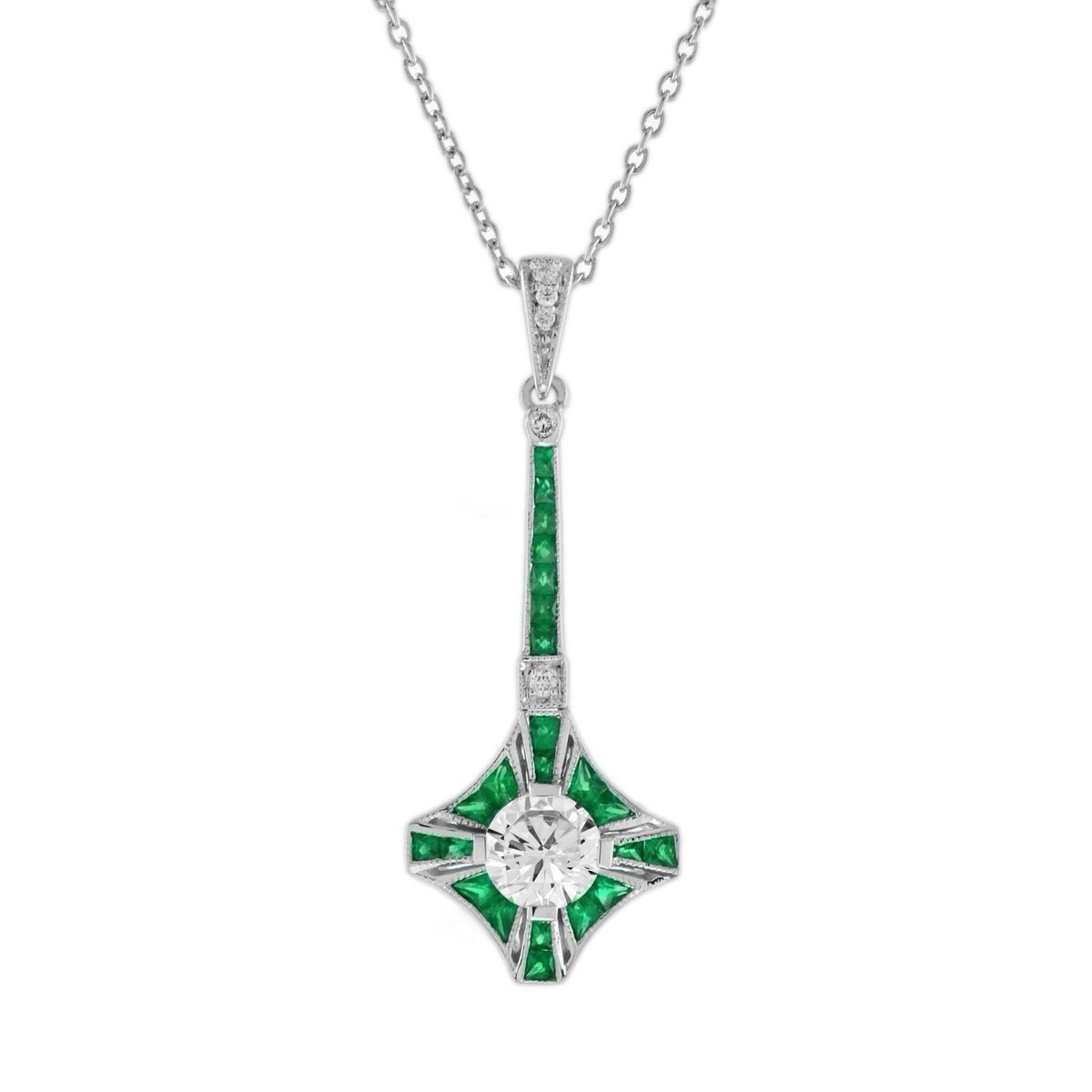 Art Deco Emerald & Moissanite Pendant Necklace Vintage Geometric Fine Jewelry