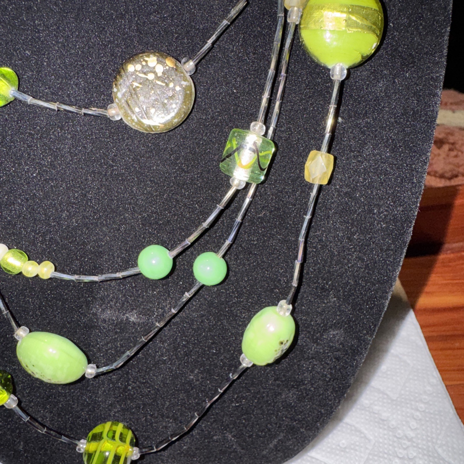 Vintage Chico’s Glass Beaded Green And Gold Colored Necklace 26 In 4 In Extende