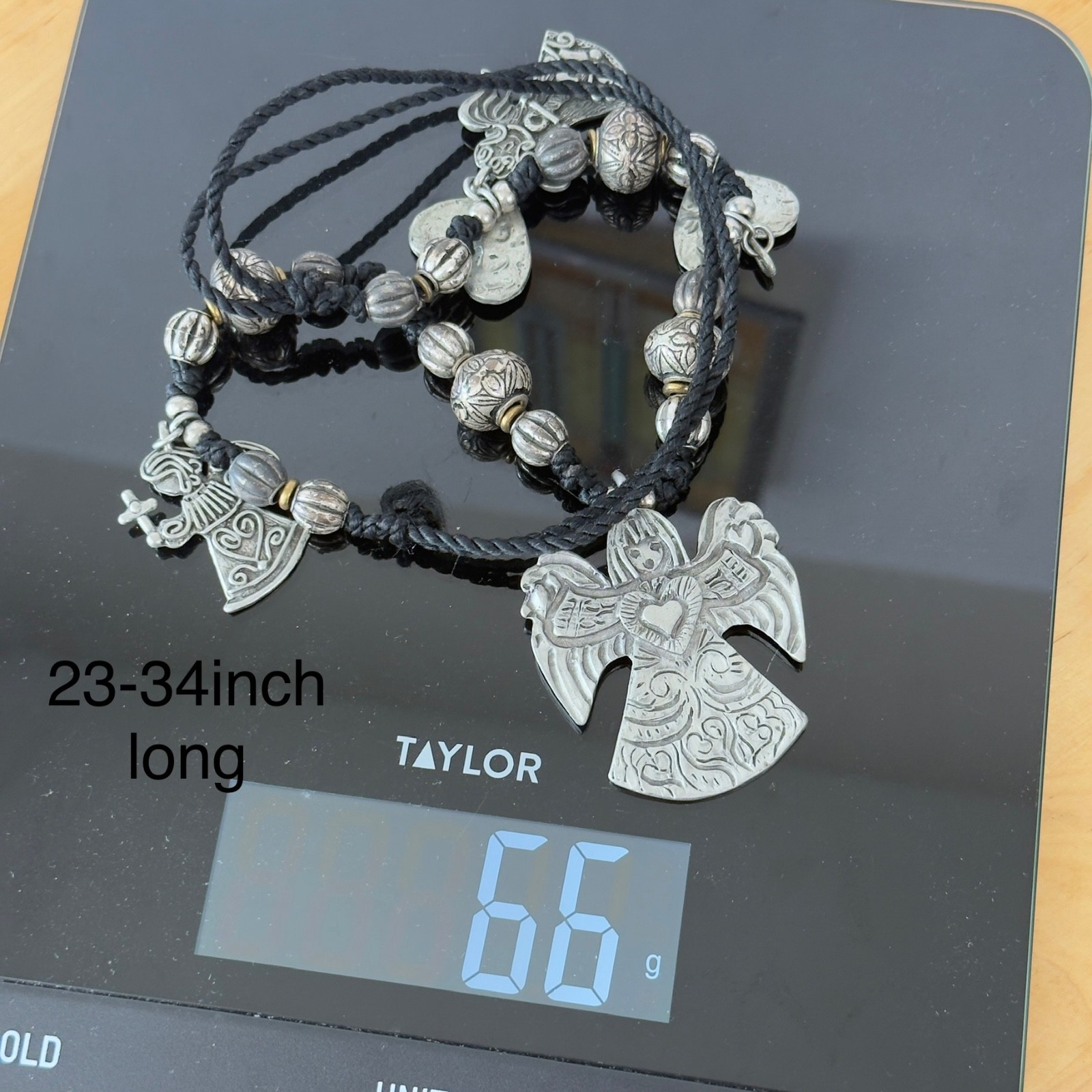 Vintage Signed MARCIE Beaded Pewter 3 Angels Cord Necklace Faith, Hope & Charity