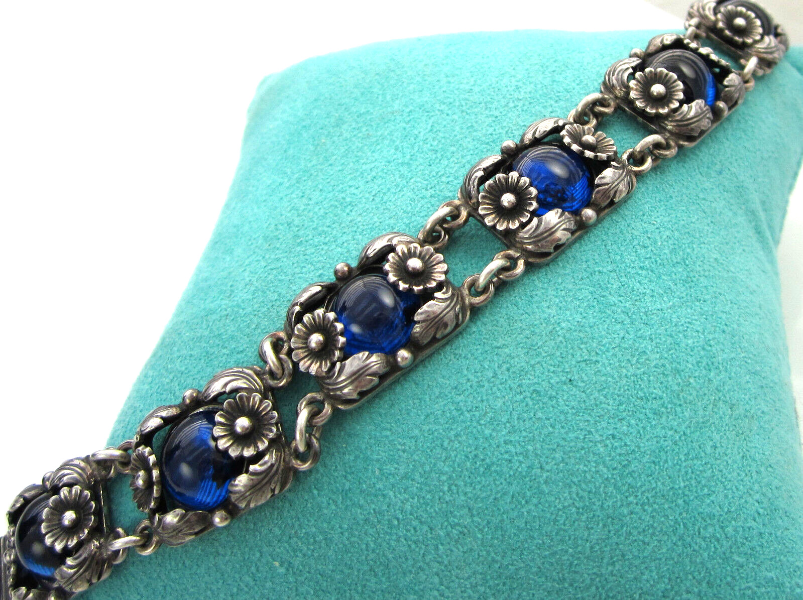 Estate Vintage Sterling Silver Blue Cabachon NIELS ERIK DENMARK Flower Bracelet