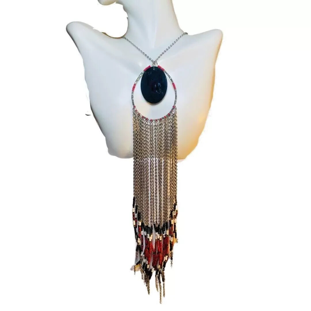 Fringe Choker Necklace Red SilverTone 15.5” Boho Beaded Southwestern