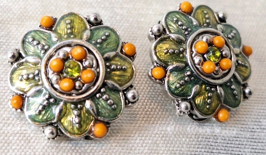 VTG Dainty Enameled Art Deco Floral Cluster Silver Clip-on Earrings Green Orange
