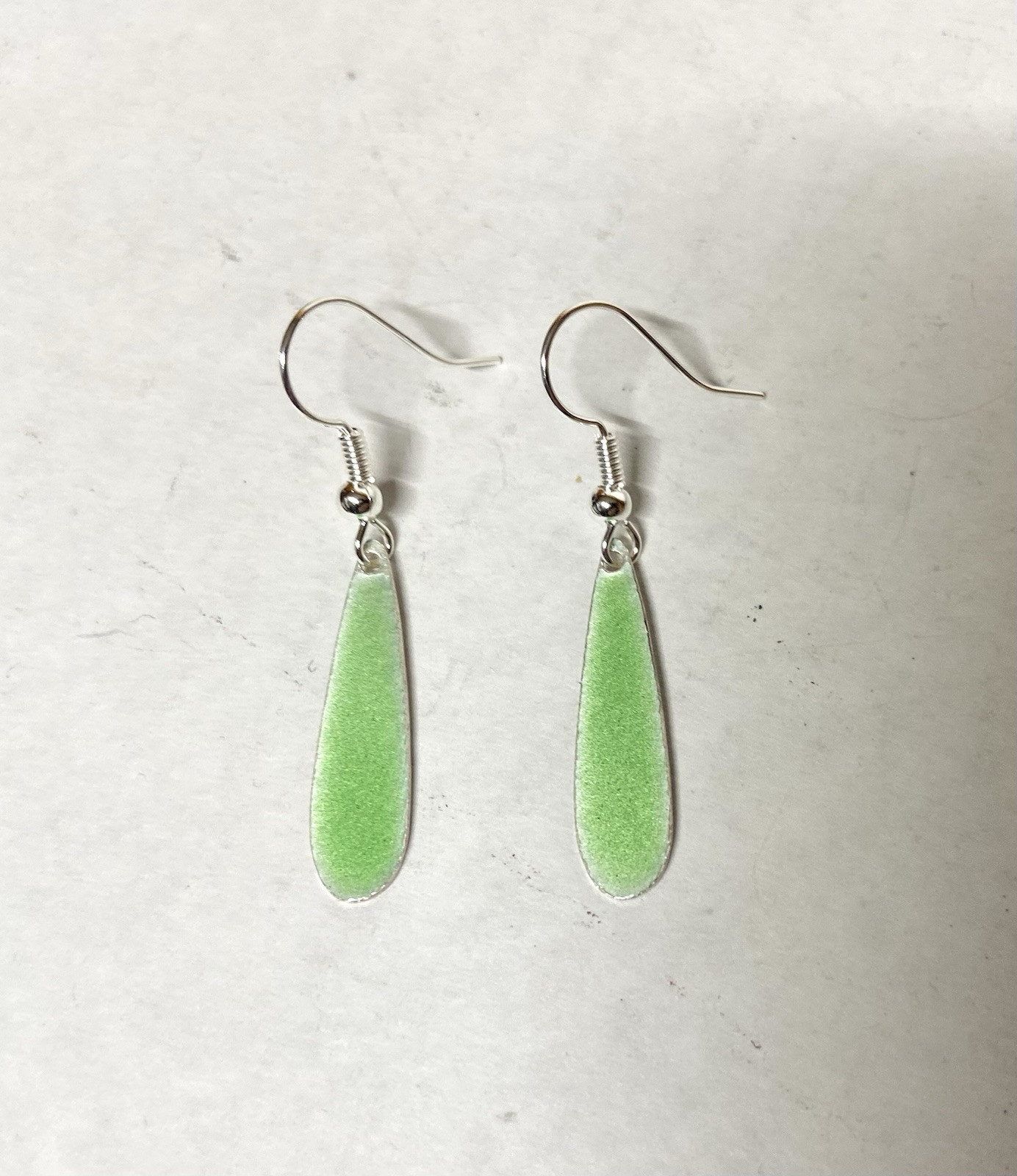 Vintage Lime Green enamel on Silver Teardrop Dangle Pierced Earrings- 1″ long