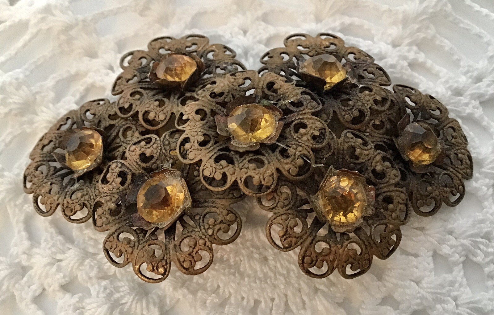 Antique Fillagree Gold Colored Metal Brooch 2 Amber Rhinestones 1/2” X 1 1/2”