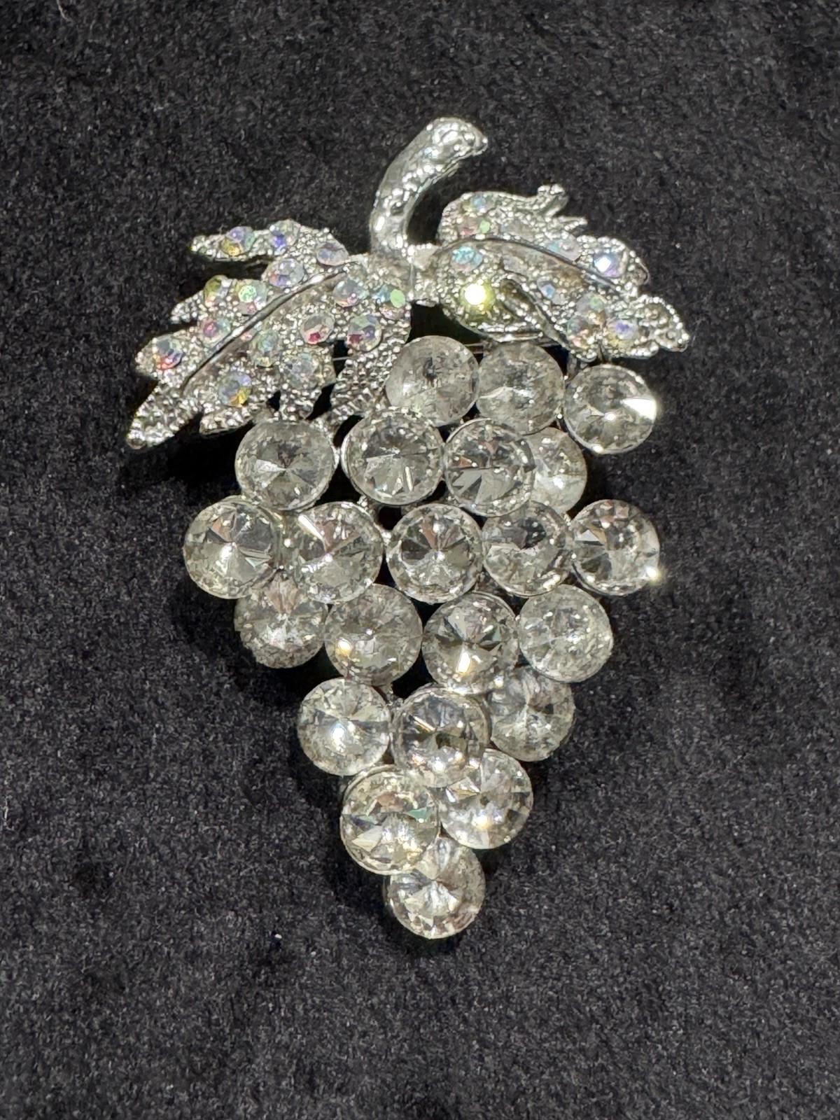Unique Vintage Clear Rhinestones Bunch of Grapes With Leaves Pin Brooch