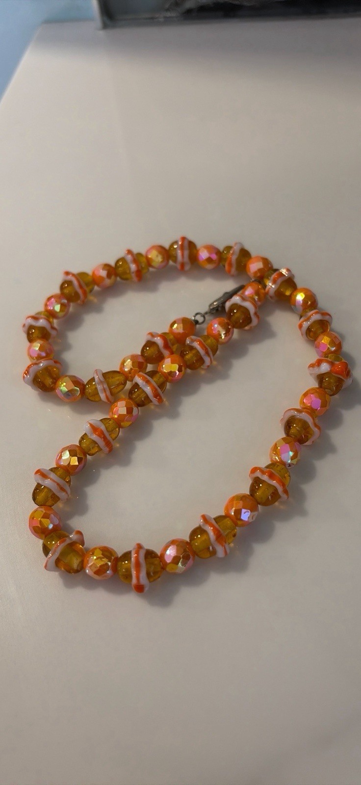 Vintage Unusual Hand Knotted Glass Bead Necklace Orange Saturn Shape Beads