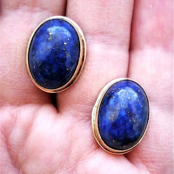 14K Yellow Gold 17.5MM x 14.75MM Lapis Lazuli Omega Back Pierced Earrings 9.3 g