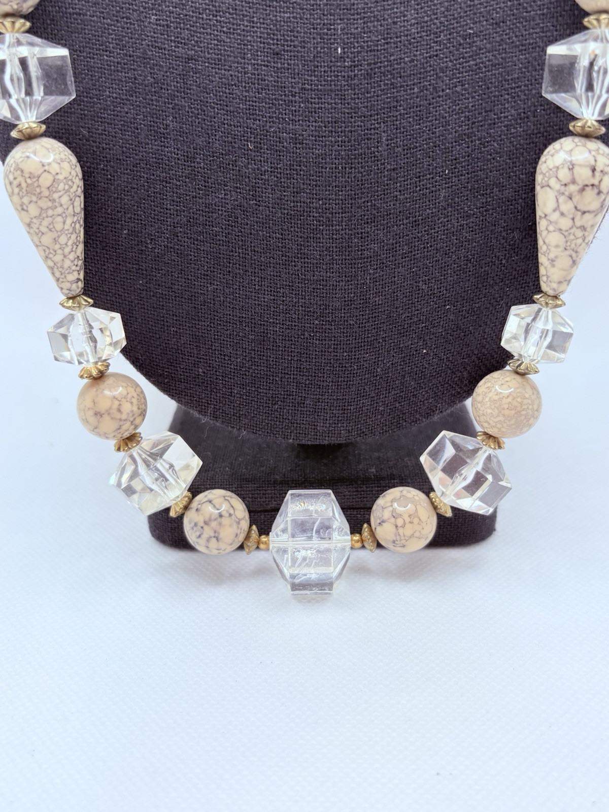 Vintage Faceted Acrylic And Faux Stone Necklace Large Beads Statement Cream