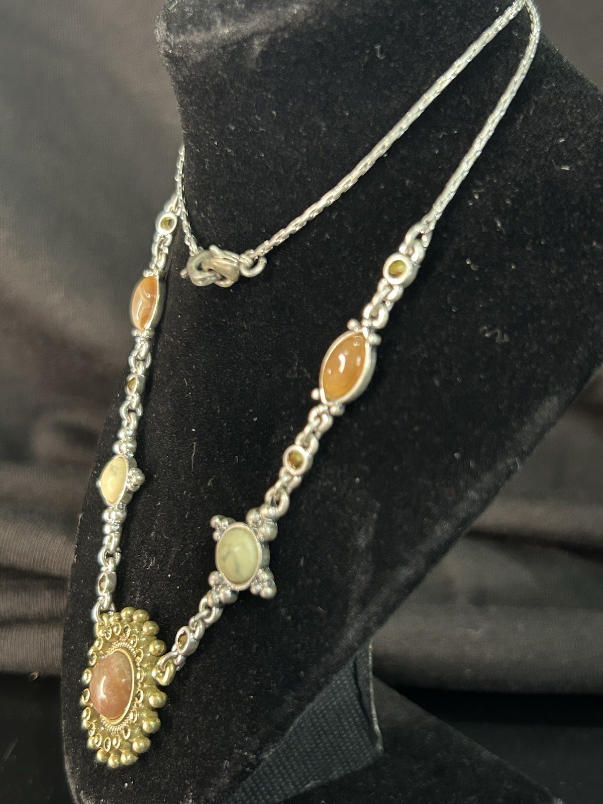 Vintage Necklace Round Mix Metal Stones 18” Double Claw Clasps