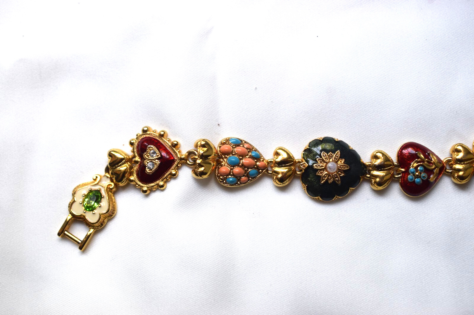 Joan Rivers Hearts & Flowers Bracelet Gold Tone w/ Enameled Hearts Signed Rare!