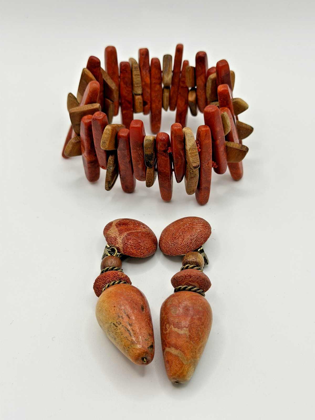 BRACELET CLIP-ON EARRINGS JEWELRY SET WOMEN BOHO CHUNKY STATEMENT ORANGE VINTAGE