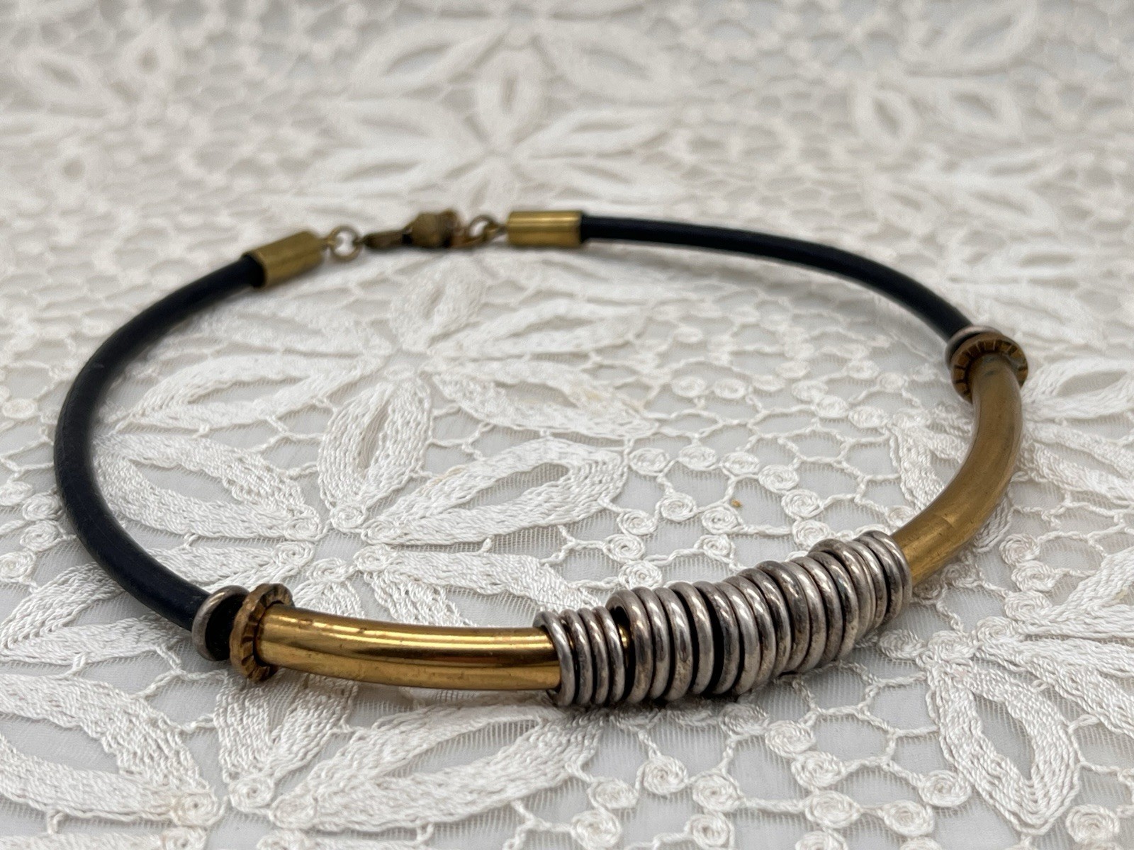 VTG Baer SF Necklace Leather Cord Gold Silver Tone Modernist Statement Jewelry