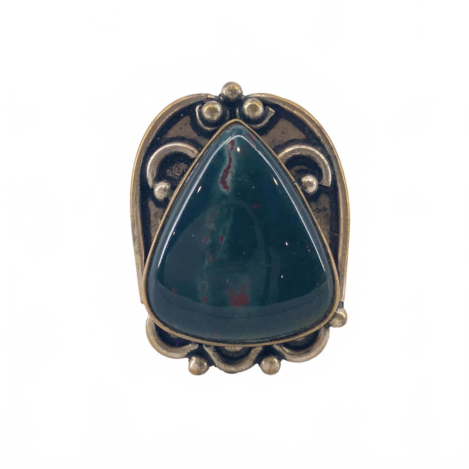 Vintage Bloodstone Glass Boho Arts Crafts Ring Silver Tone Size 55