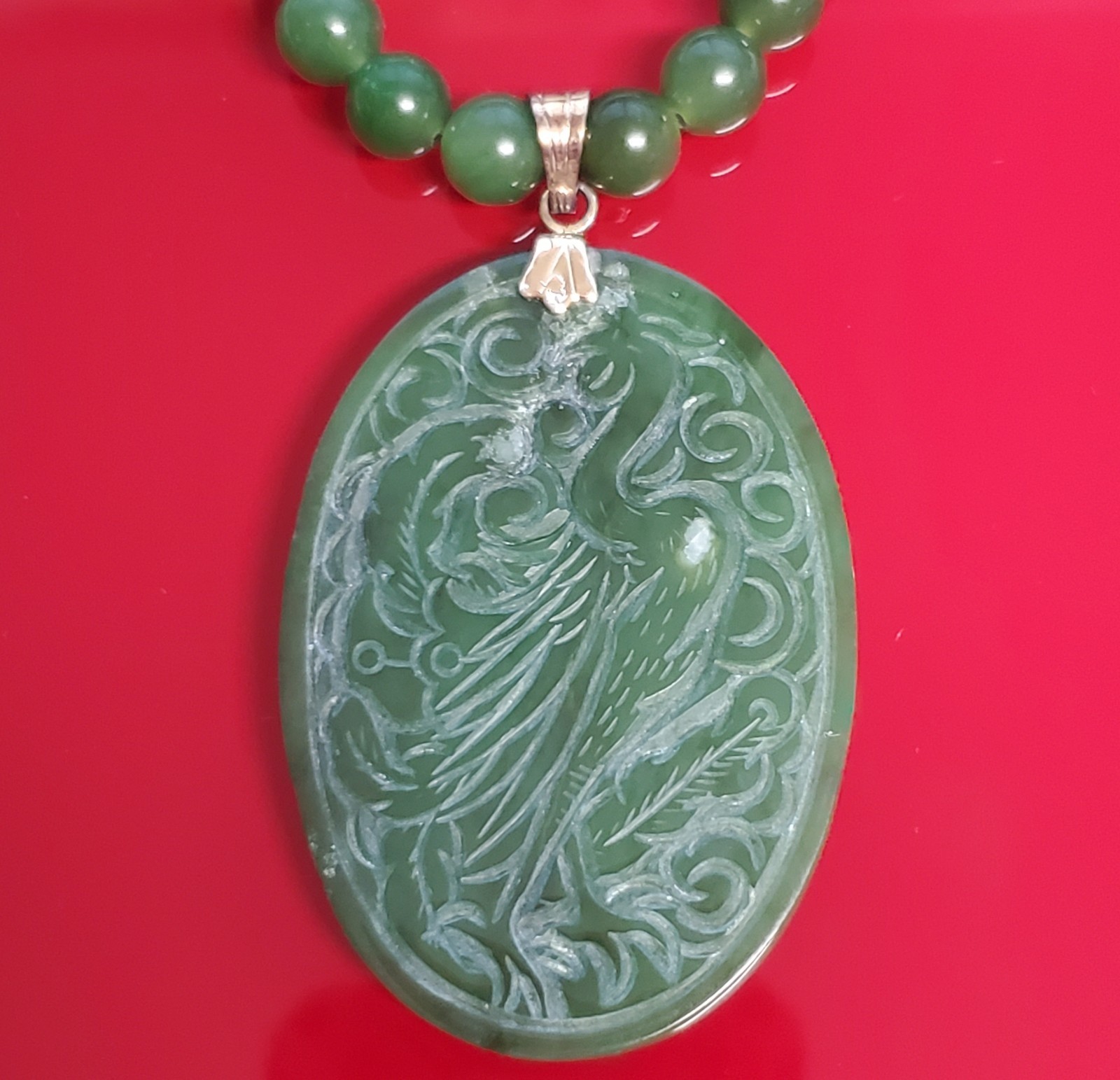 VTG 925 Spinach Jade Crane Dragon Pendant 24in Bead Necklace Carved Reversible