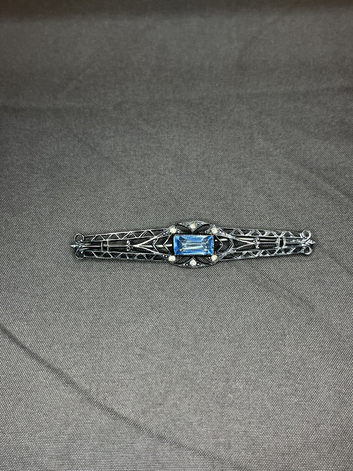 Antique Sterling Silver ART DECO Open Work Bar Brooch Blue Iolite ? & Glass