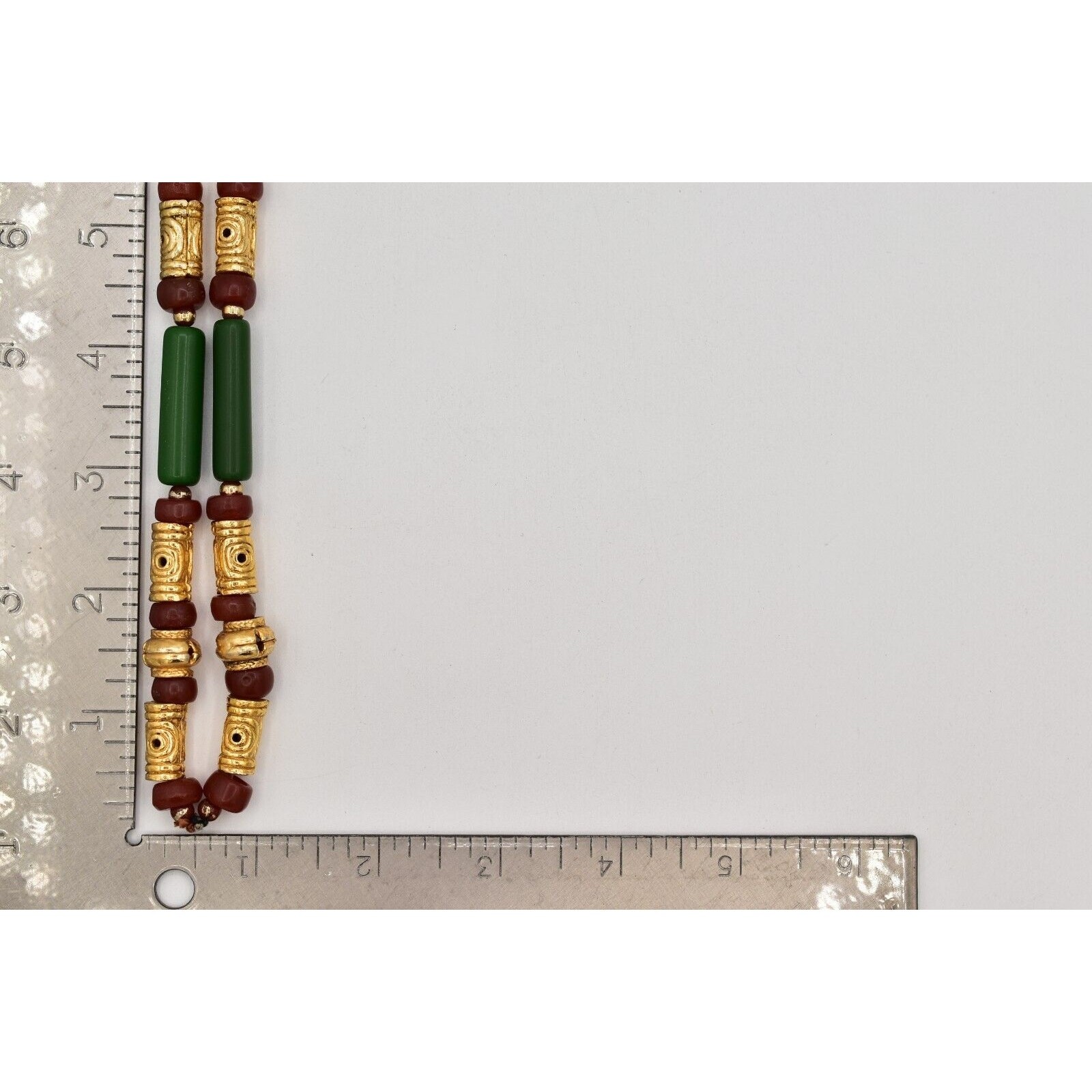 Vintage Beaded Necklace Brushed Gold Green Red Clay Tribal Chunky 1970s BinBN
