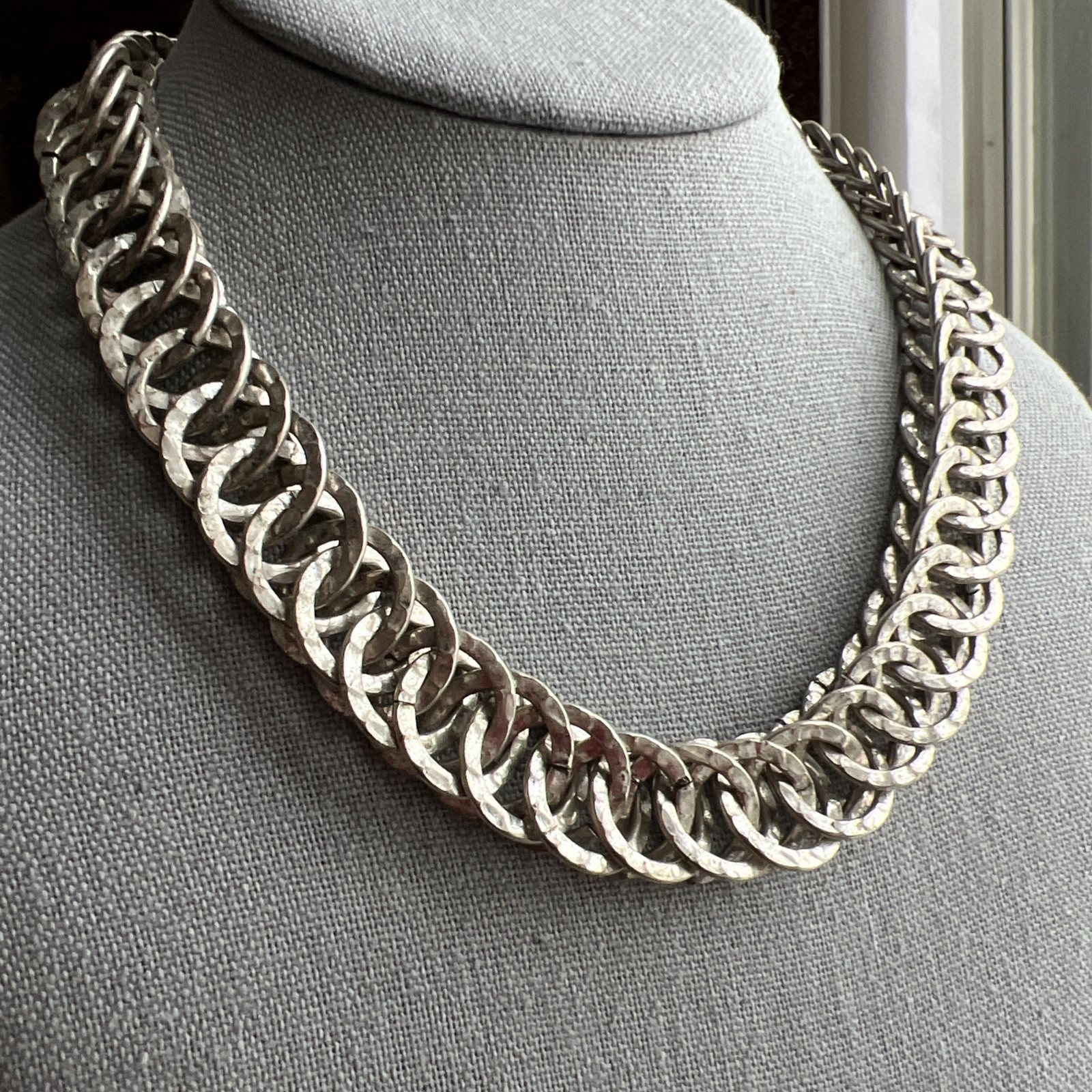 Vintage Double Link Silver Metal Necklace; Signed AV; Beautiful!