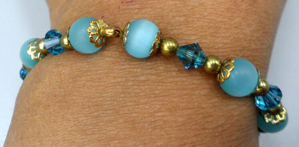 Vintage Jewelry Set Blue Cats Eye Glass Bicone Bead Necklace Bracelet Earrings