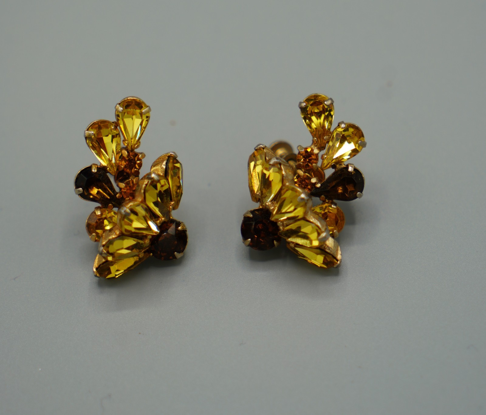 Vintage Rhinestone Clip On/ Screw Back Earrings-Clear/Silver-Topaz/Citrine Color