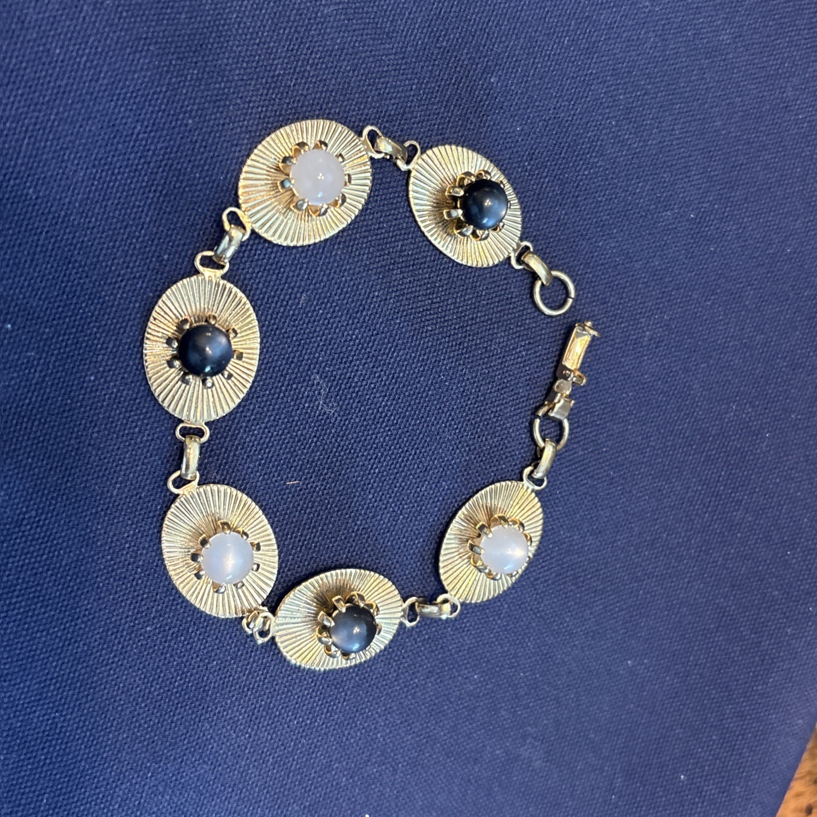 Vintage Moonstone White Black Gold Tone Bracelet 1950s-60s