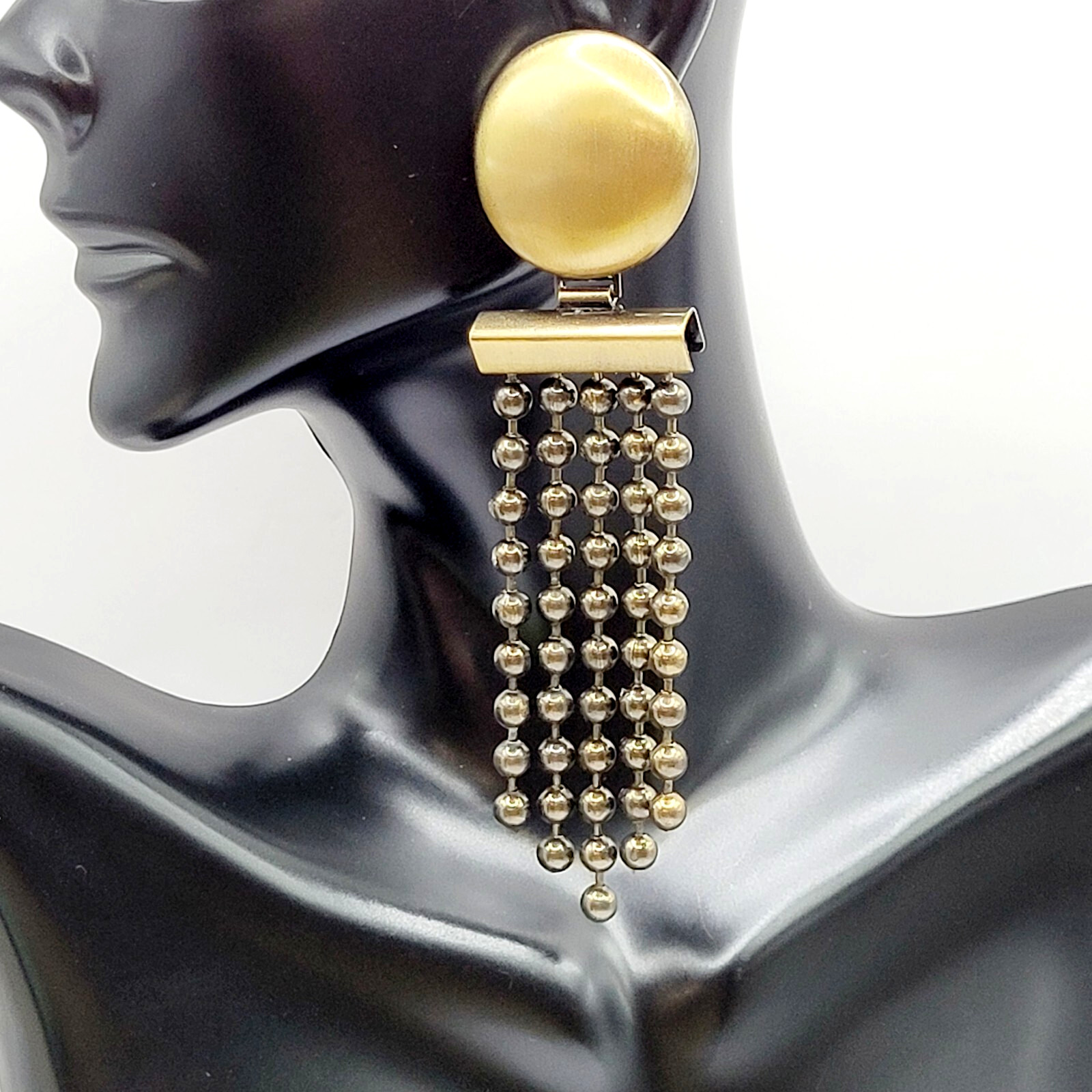 Ball & Chain Fringe Brutalist Runway Style Mixed Metal Tone Vtg Pierced Earrings