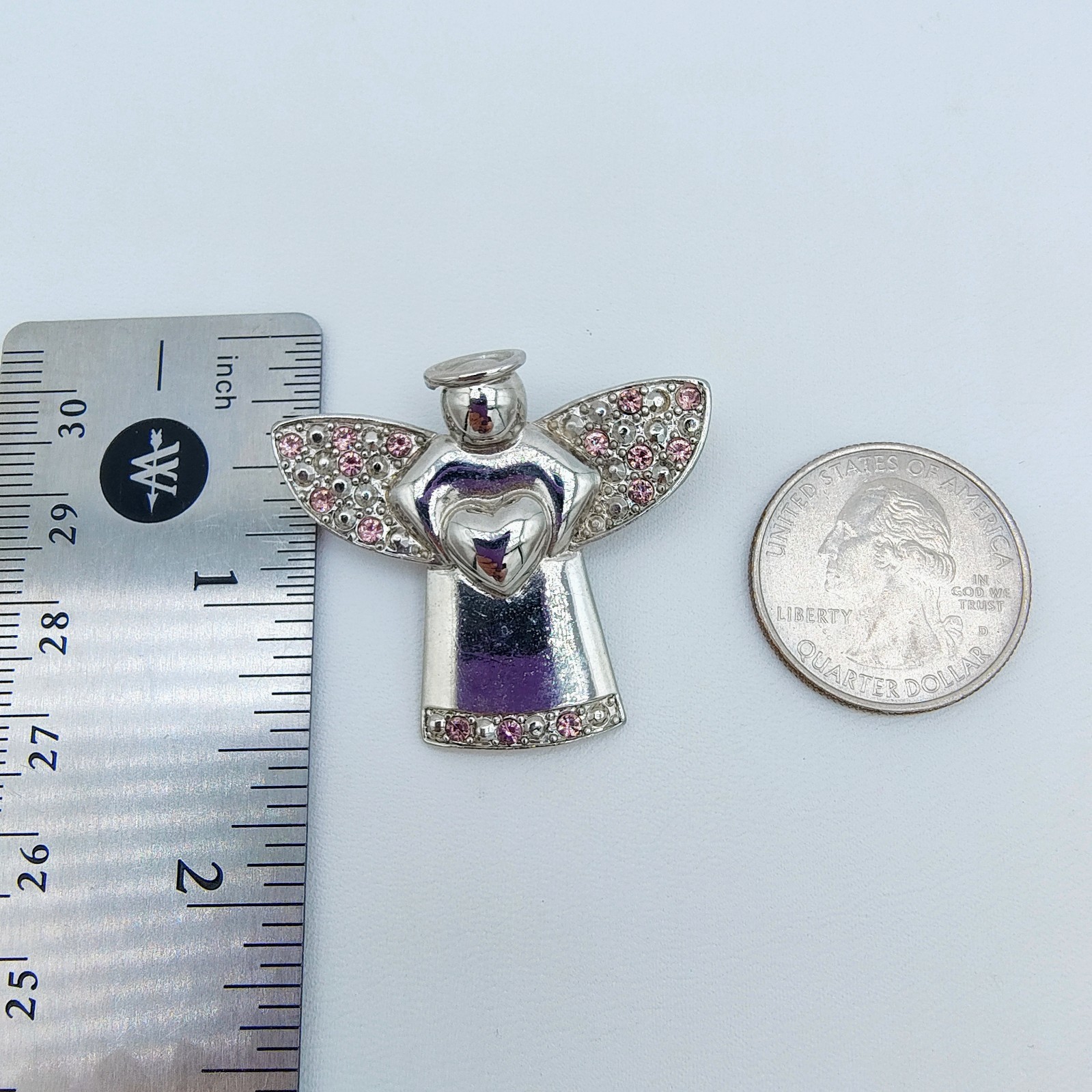 Vintage Angel Holding Heart Brooch Silver Tone Pink Rhinestone Guardian