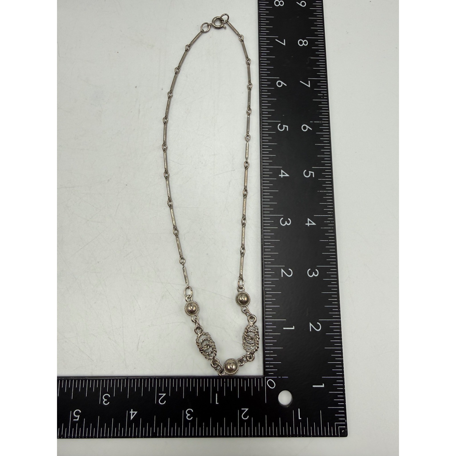 Vintage Silver Tone Bar Link Station Necklace Ornate Rope Openwork 15 Inch